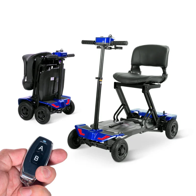 Rubicon FX07 Automatic Foldable Mobility Scooter for seniors in blue, parked outdoors
